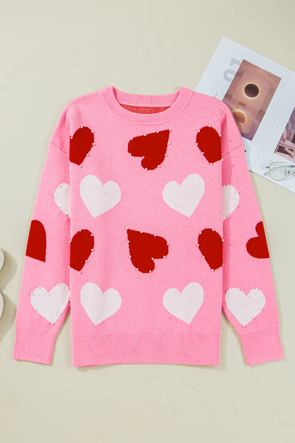 Pink Pearl Embellished Heart Pattern Valentines Day Sweater
