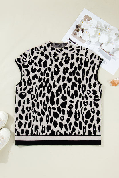 Black Plus Size Leopard Print High Neck Short Sleeve Sweater