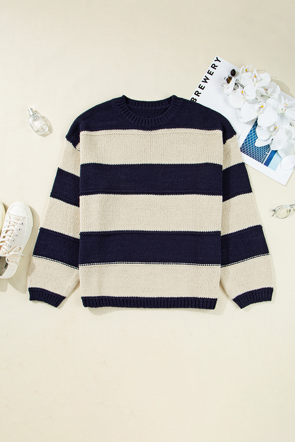Blue Stripe Color Block PLus Size Drop Shoulder Sweater
