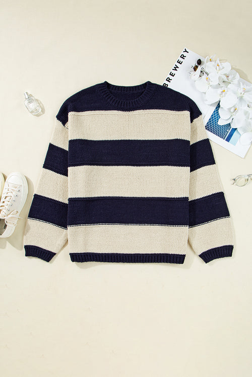 Blue Stripe Color Block PLus Size Drop Shoulder Sweater