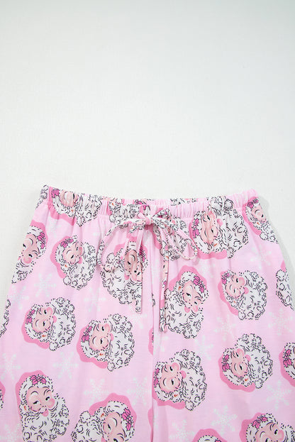 Pink Santa Claus Print V Neck Tee Drawstring Pants 2pcs Lounge Set