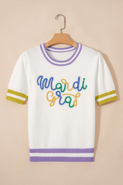White Mardi Gras Tinsel Letter Graphic Short Sleeve Sweater