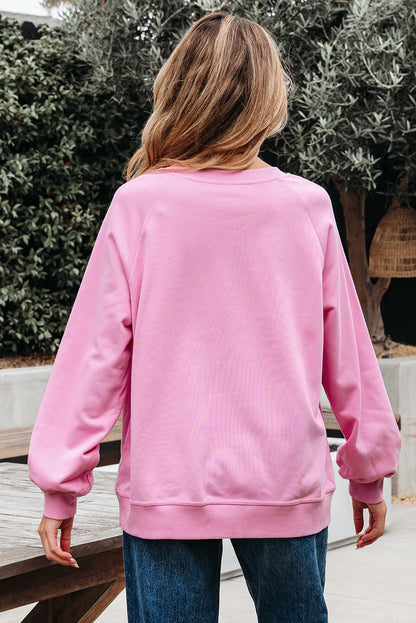 Bright Pink Lace Patched Raglan Sleeve Loose Fit Sweatshirt