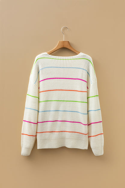 White Colorful Striped Detail V Neck Drop Shoulder Baggy Sweater