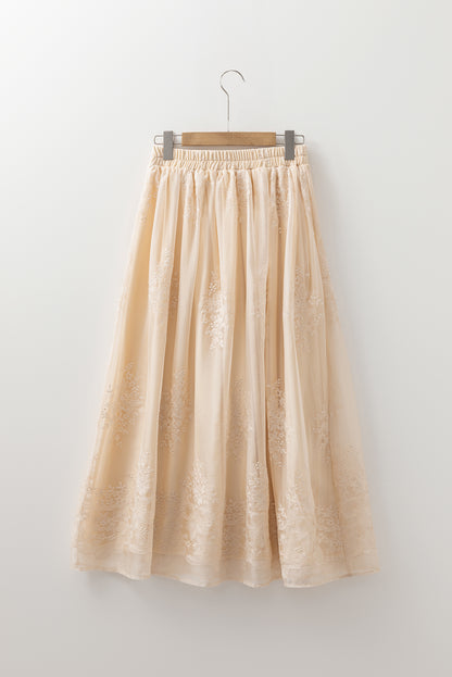 Oatmeal Embroidered Mesh Overlay Flowy Long Skirt