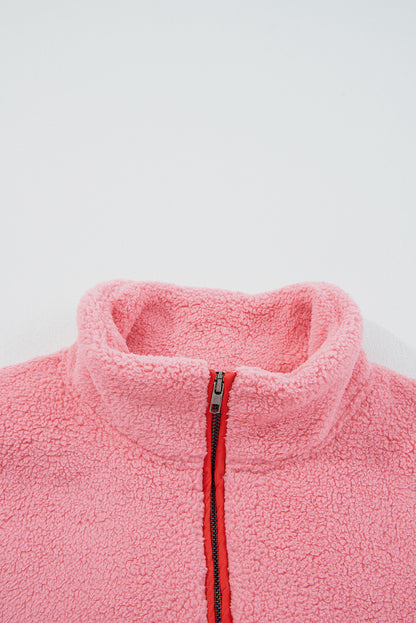 Strawberry Pink Sherpa Contrast Faux Leather Trim Half Zip Pocketed Pullover Sweatshirt