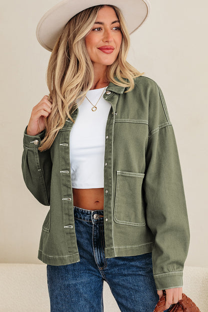 Smoke Green Patched Pocket Collared Button Front Boyfriend Denim Jacket