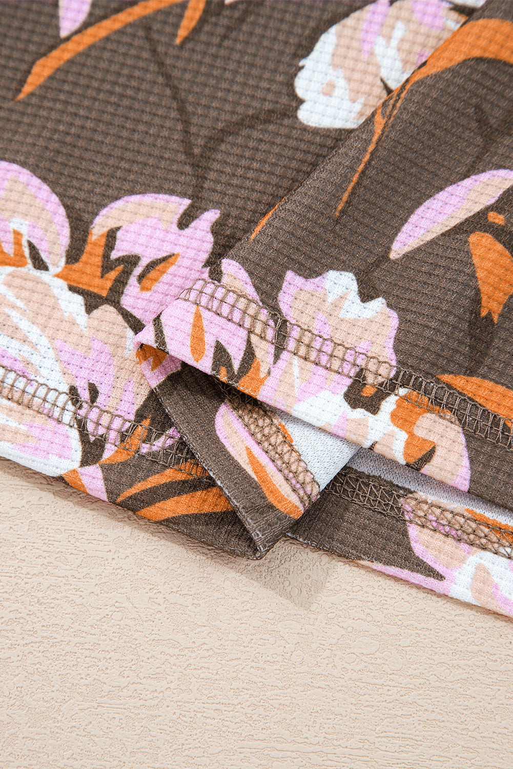 Brown Floral Print Waffle Textured Long Sleeve Top