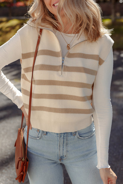Khaki Stripe Ribbed Half Zip Collared Sweater Vest