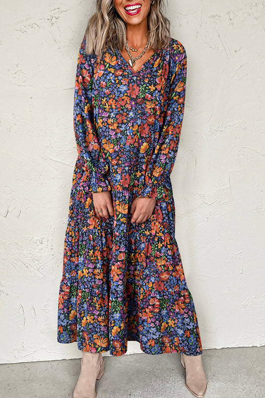 Blue Floral Print Tassel Tie V Neck Long Sleeve Flowy Long Dress