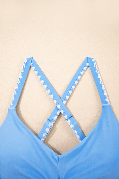 Beau Blue Ric Rac Trim Contrasted Patchwork Cutout One Piece Swimsuit