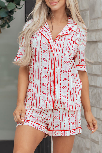 Red Cute Bow Heart Print Ribbon Decor Short 2pcs Pajama Set