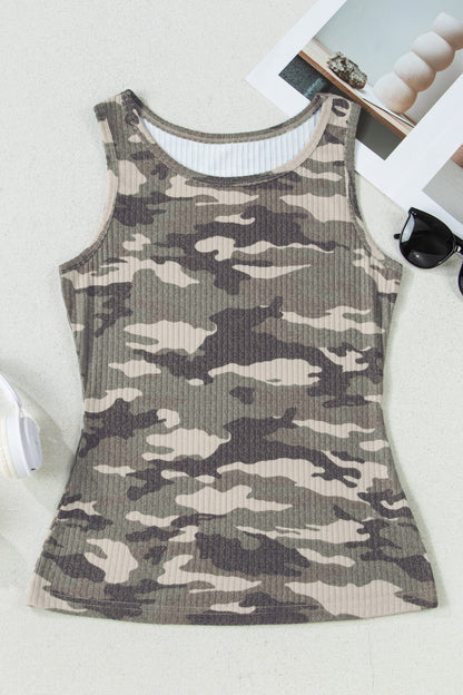 Green Camouflage Print Ribbed Knit Round Neck Tank Top