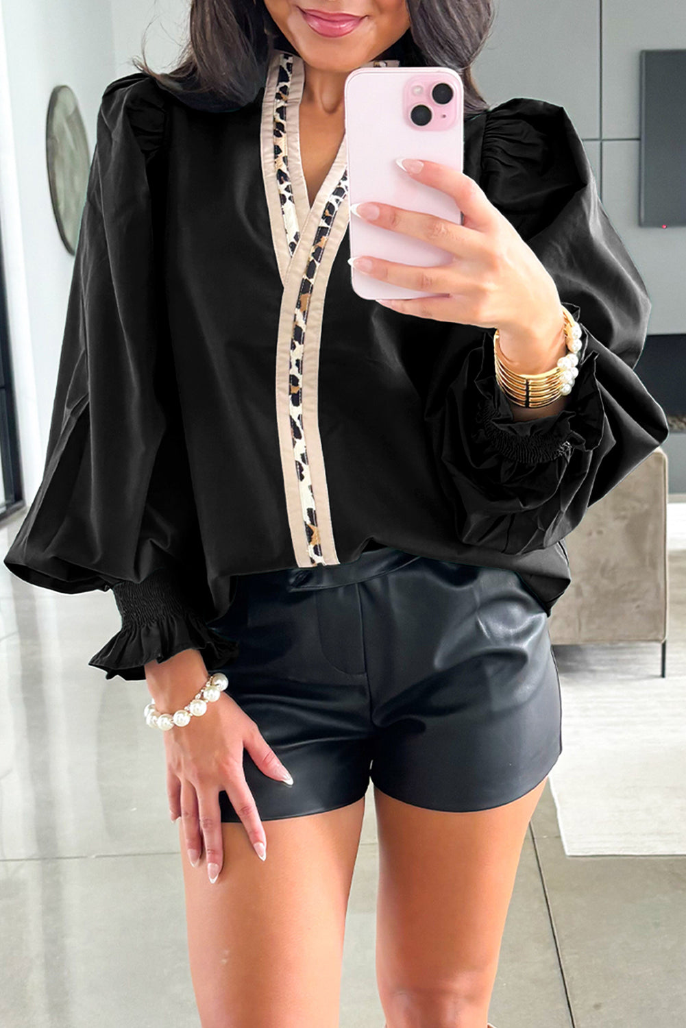 Black Puffy Flounce Sleeve Leopard Trim V Neck Blouse