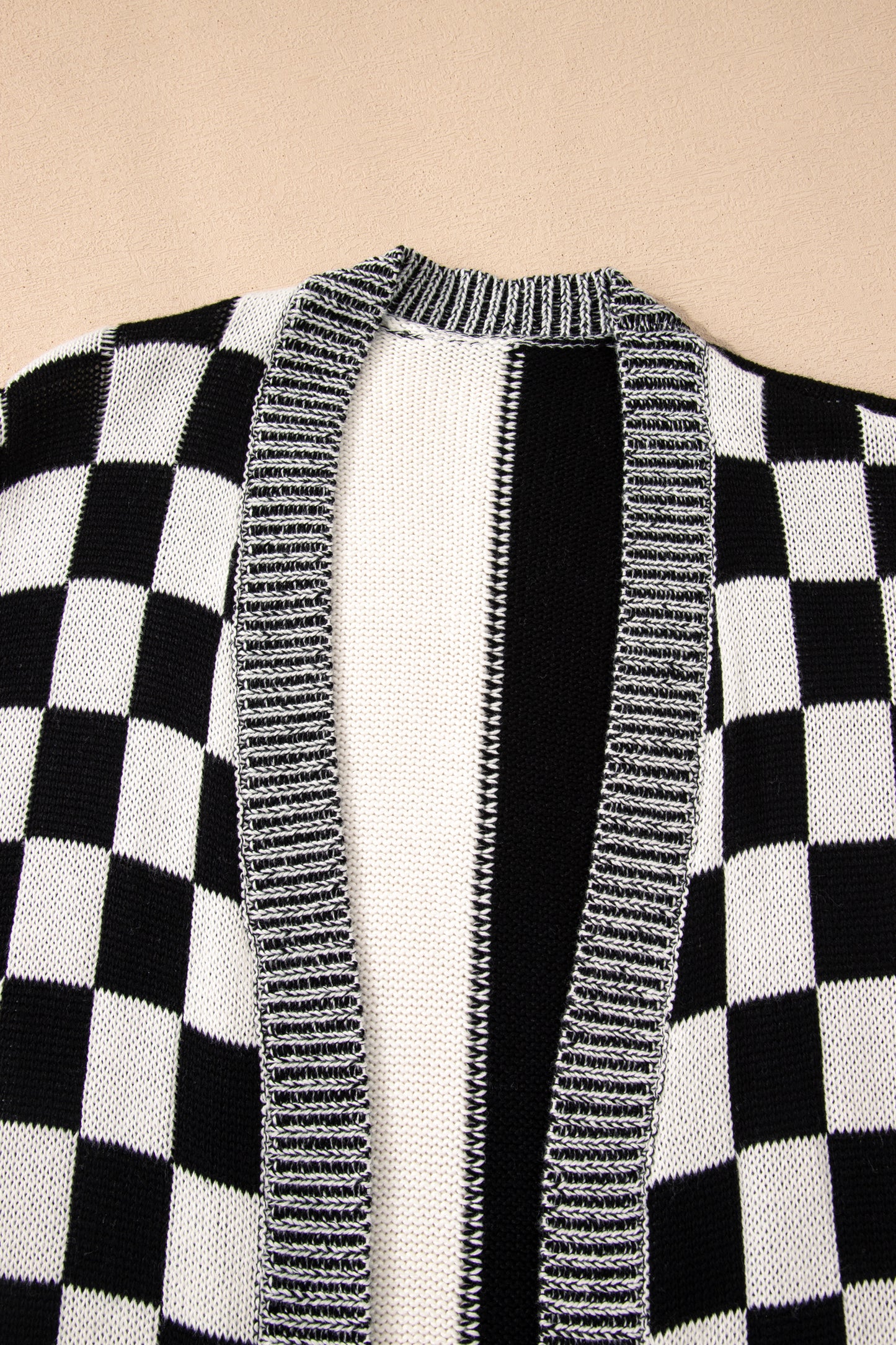 Black Plus Size Checkered Bubble Sleeve Drop Shoulder Open Cardigan