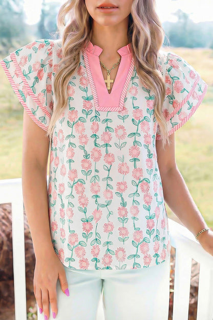 Green Floral Print Striped Detail Contrast V Neck Patchwork Flutter Sleeve Blouse