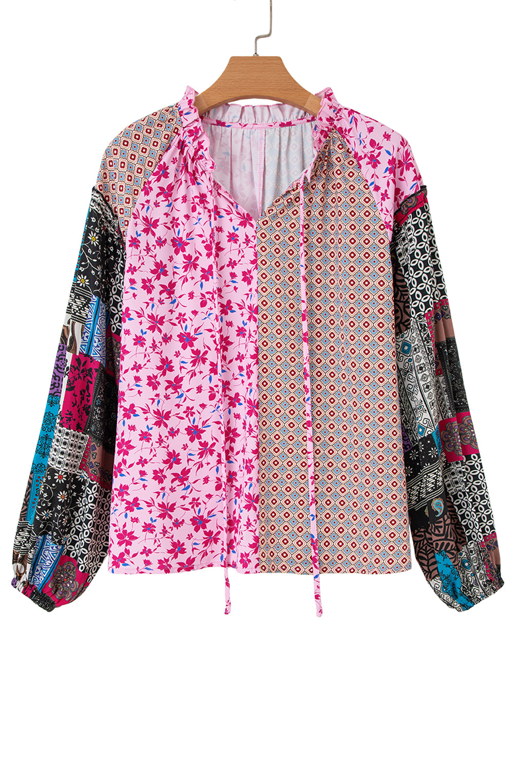 Pink Boho Mixed Floral Drop Shoulder Bubble Sleeve Blouse