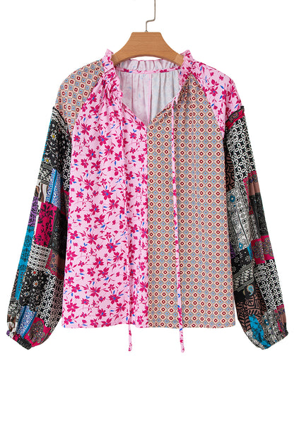 Pink Boho Mixed Floral Drop Shoulder Bubble Sleeve Blouse