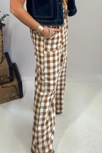 Brown Gingham Plaid Tie Elastic Waist Shift Pants