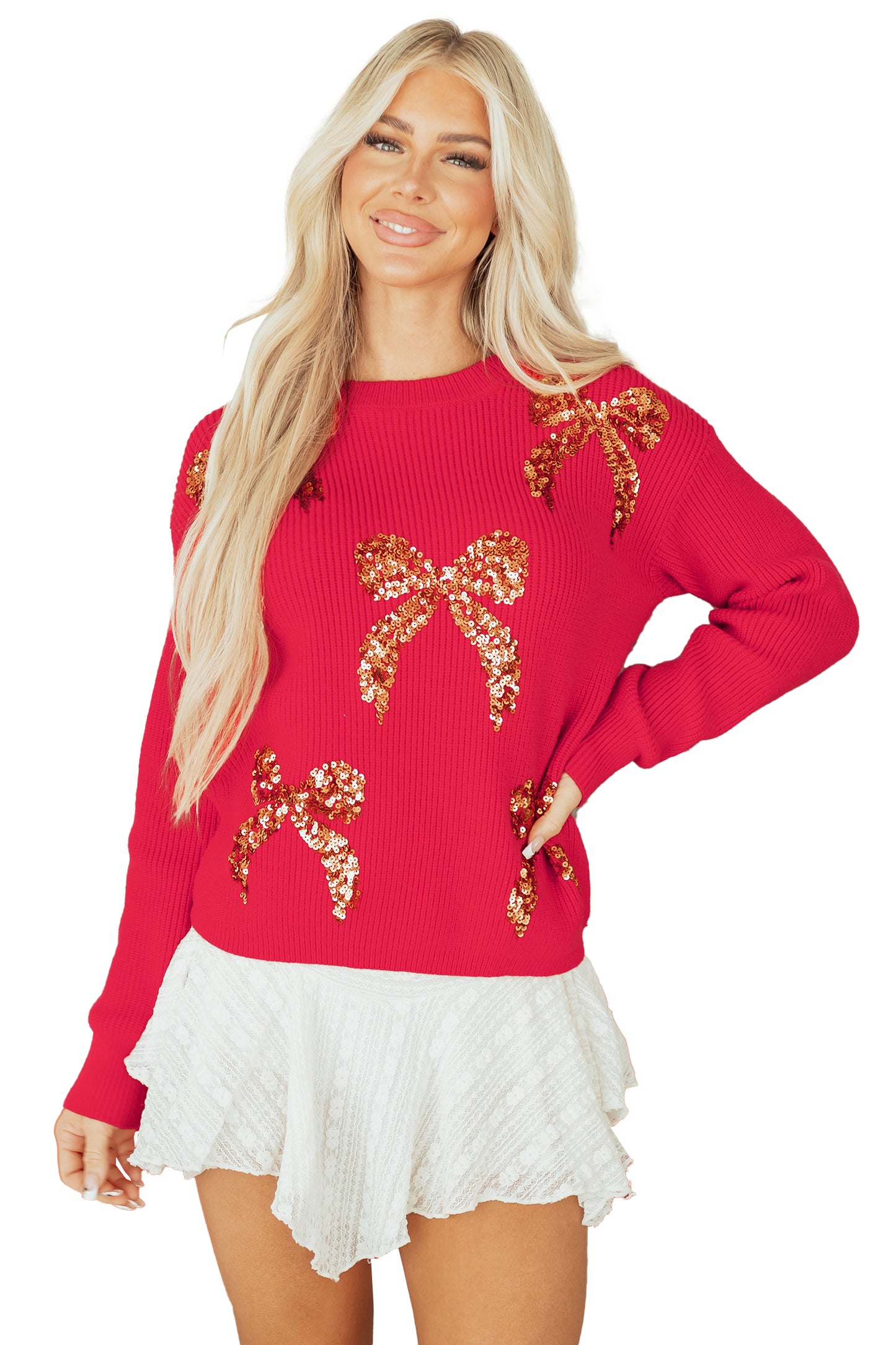 Fiery Red Sequin Bow Accent Drop Shoulder Festive Sweater