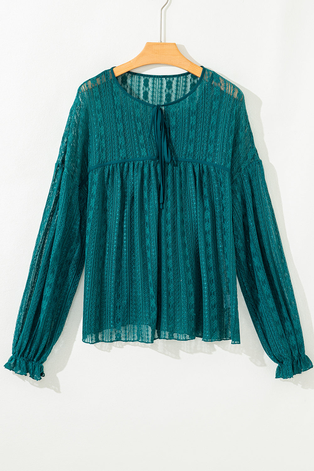 Evergreen Sheer Lace Balloon Sleeve Babydoll Blouse