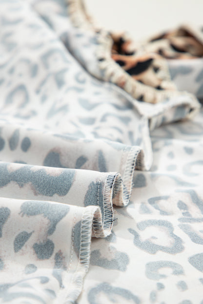 Khaki Plus Size Leopard Print Stitch Detail Ruffled Short Sleeve Blouse