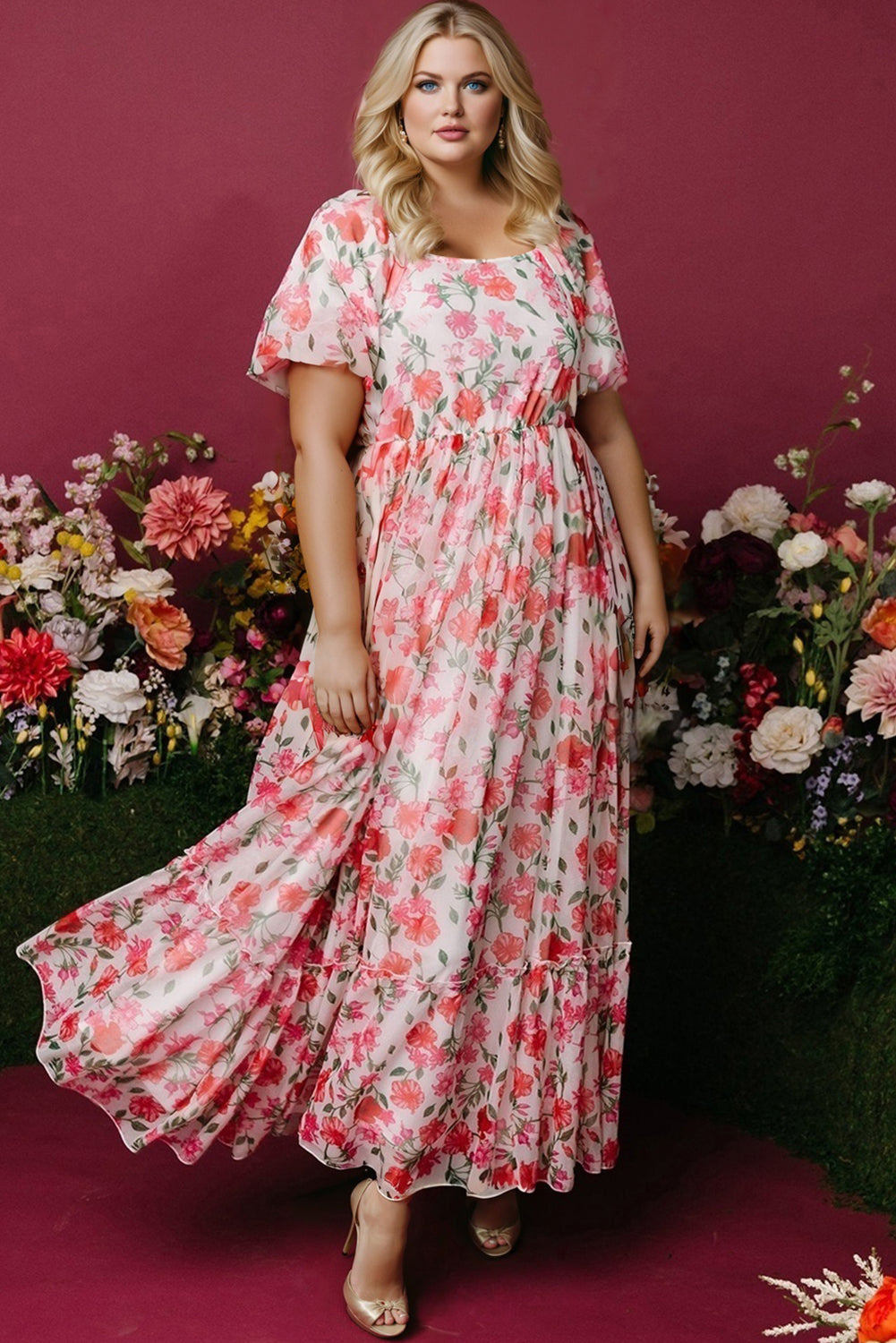Pink Plus Size Floral Square Neck Puff Sleeve Ruffle Maxi Dress