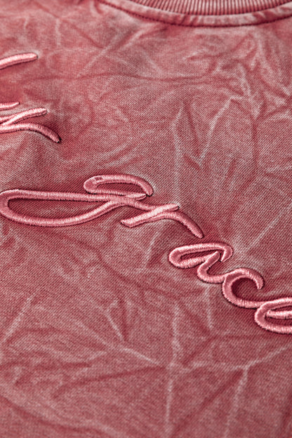 Mineral Red saved by grace Letter Embroidery Mineral Wash Loose Sweatshirt