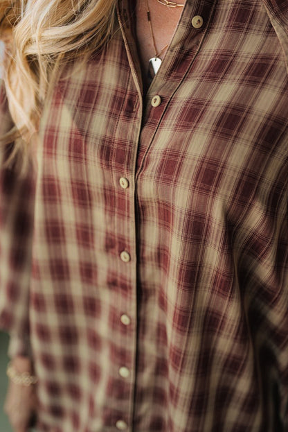 Red Plaid Print Ruffled Long Sleeve Patchwork Hem Mini Shirt Dress