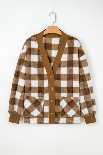 Brown Checkered Sherpa Loose Knit Cardigan with Pockets
