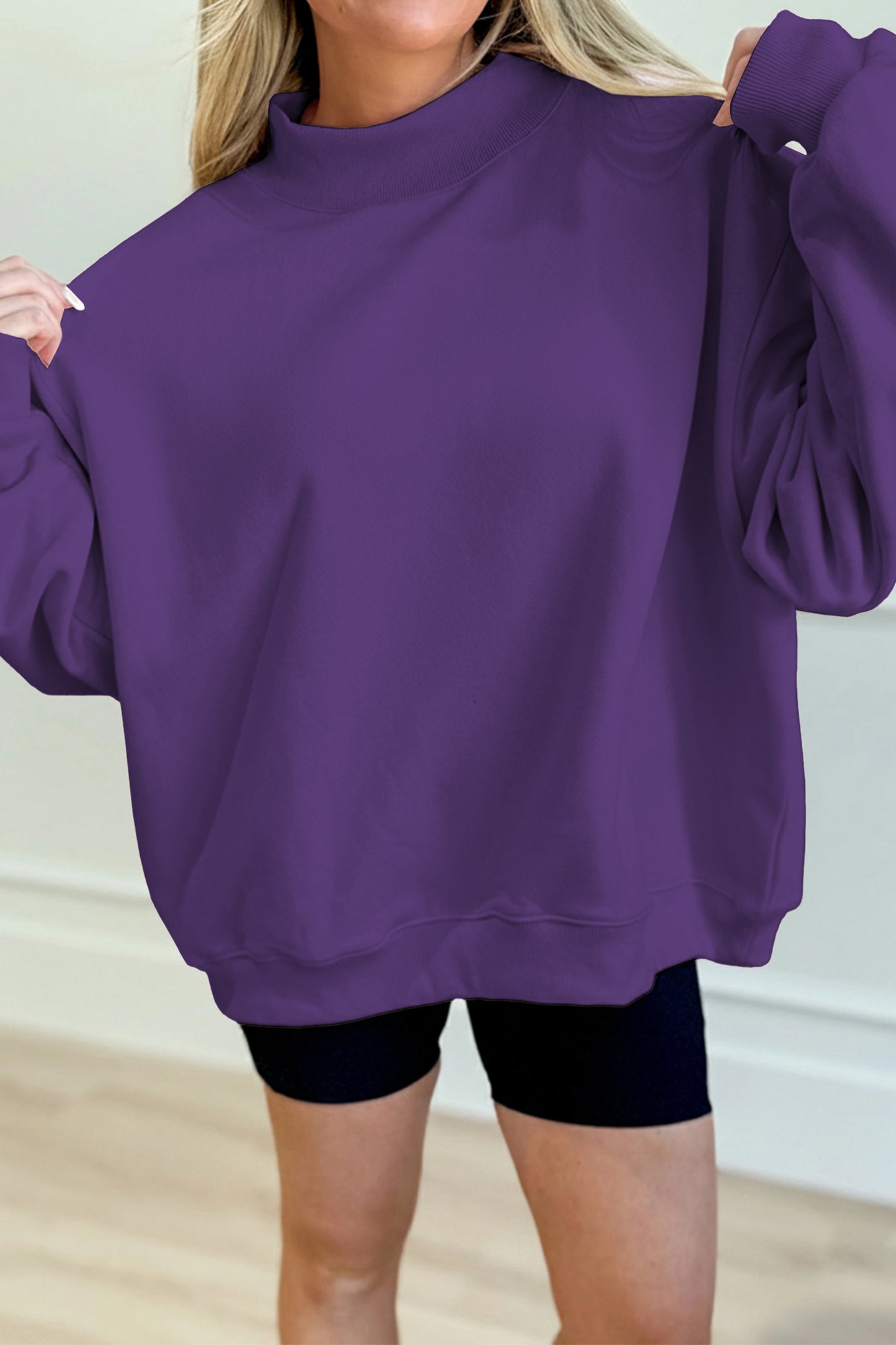 Tillandsia Purple Solid Color Oversized Mock Neck Sweatshirt