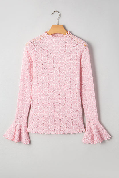 Gossamer Pink Heart Jacquard Flare Sleeve Mock Neck Fitted Top