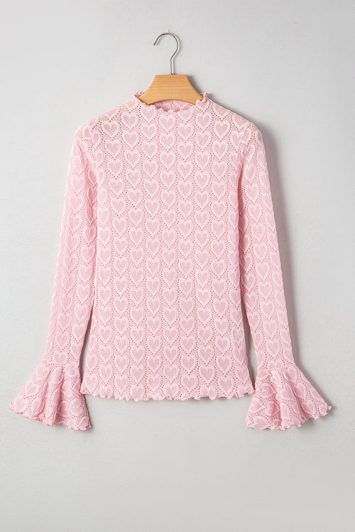 Gossamer Pink Heart Jacquard Flare Sleeve Mock Neck Fitted Top