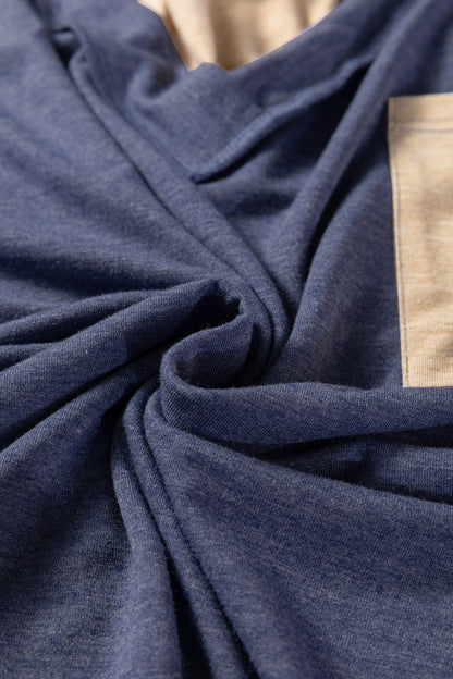 Sail Blue Exposed Stitching Colorblock V Neck Long Sleeve Top