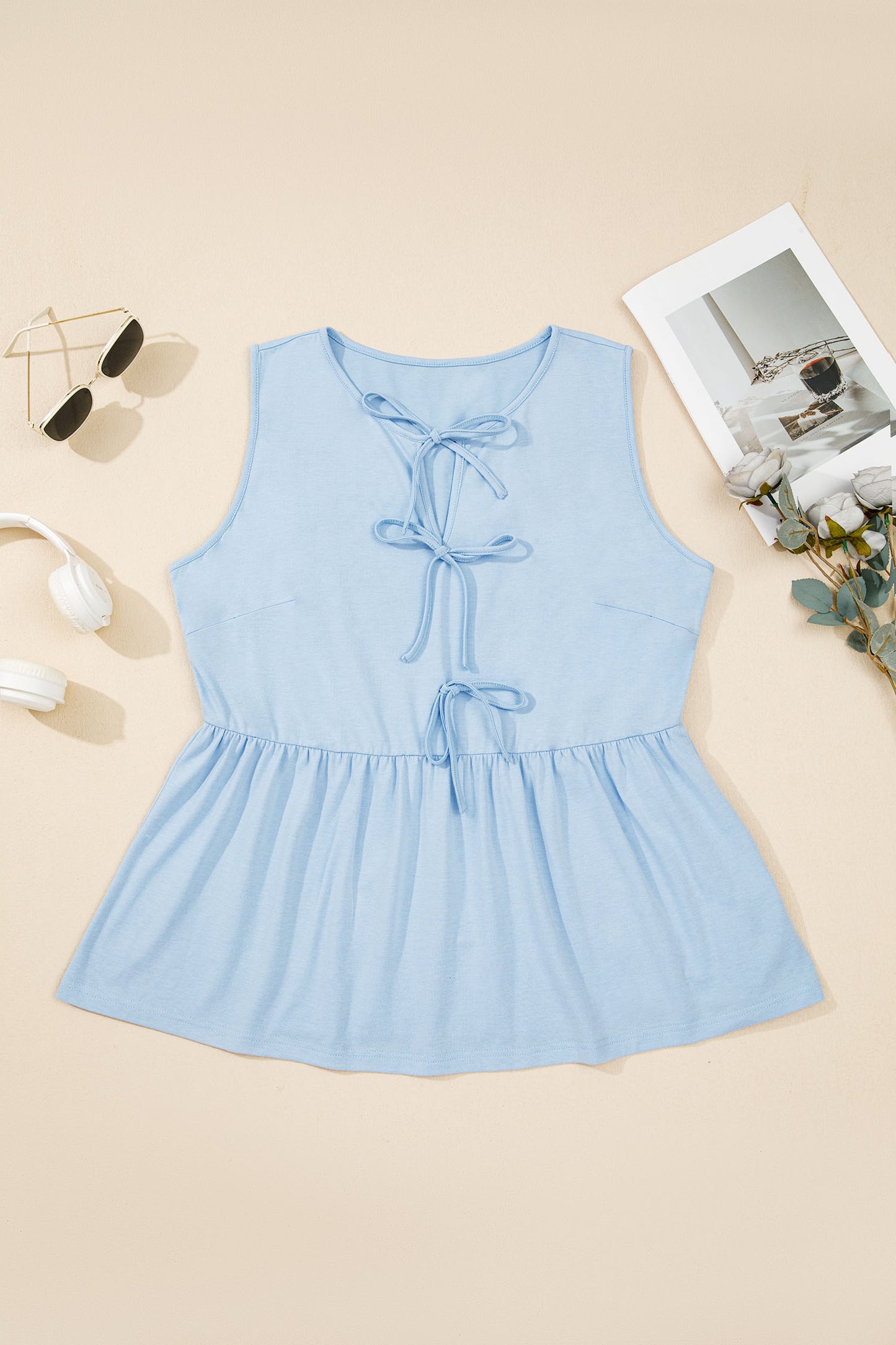 Beau Blue Plus Size Solid Color Bow Tie Peplum Tank Top