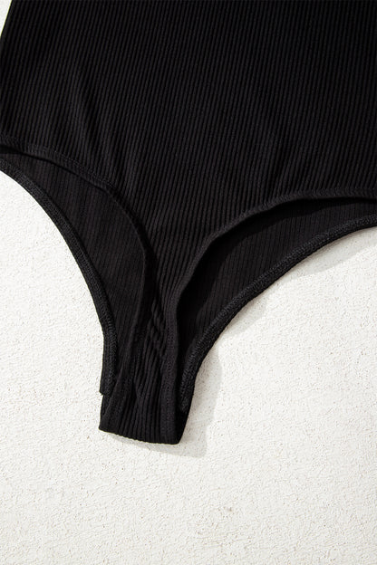Black Ribbed Long Sleeve Crew Neck Solid Color Bodysuit