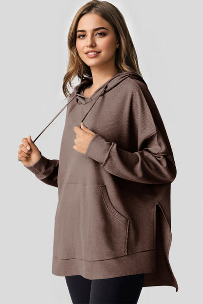 Black Waffle Knit Fleece Lined High Low Oversized Hoodie
