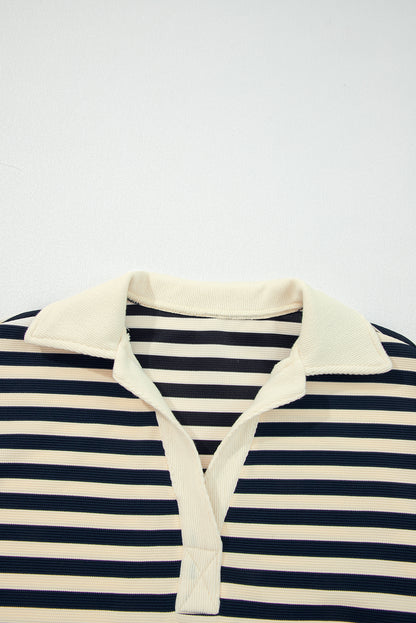 Blue Stripe Collared V Neck Long Sleeve Casual Top