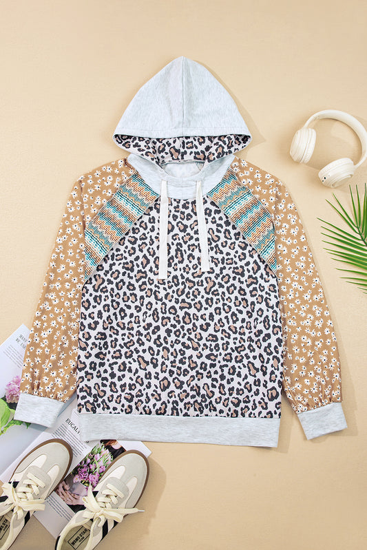 Multicolor Leopard Floral Patchwork Drawstring Hoodie