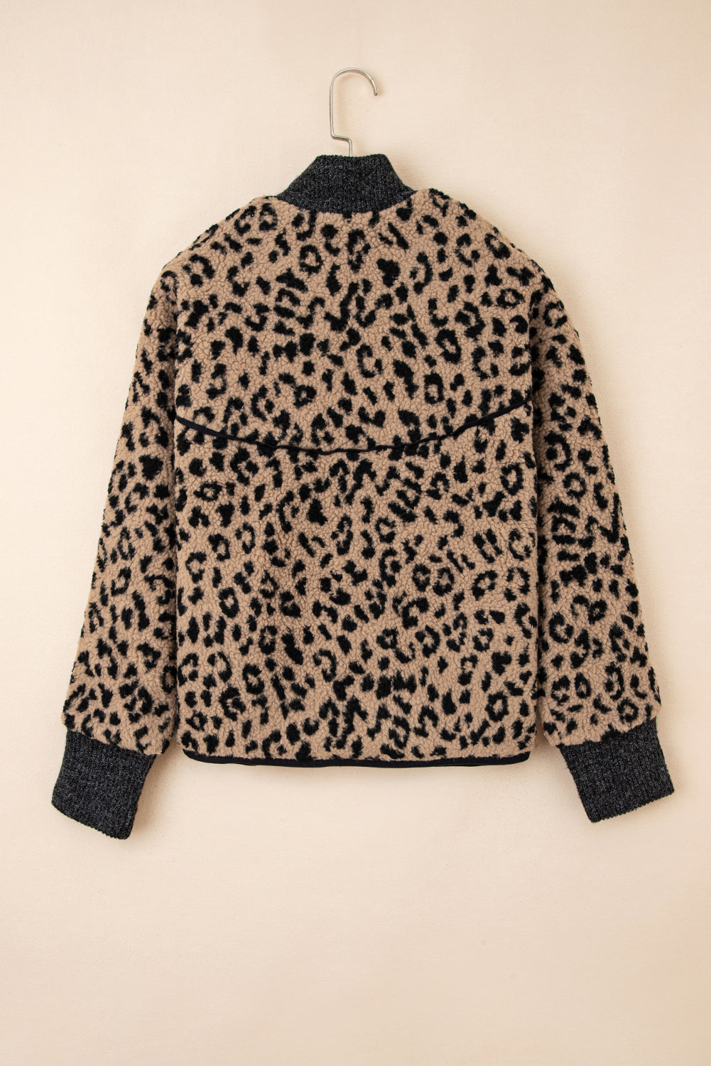 Khaki Leopard Print Zip Up Stand Neck Side Pocket Jacket