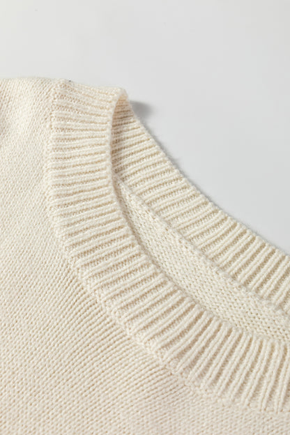 Beige Embroidered Floral Sleeve Round Neck Loose Sweater
