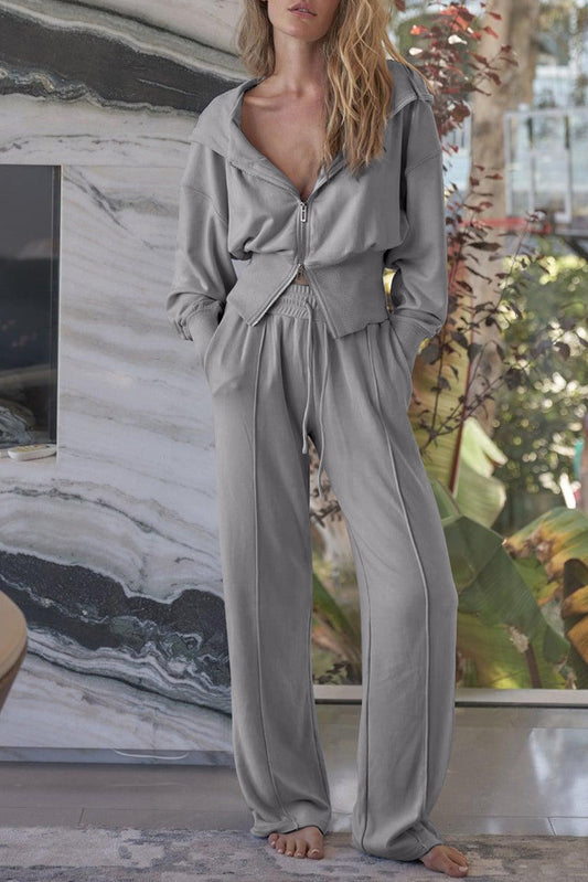 Gray Double Zipper Hooded Jacket and Sweatpants Active Set