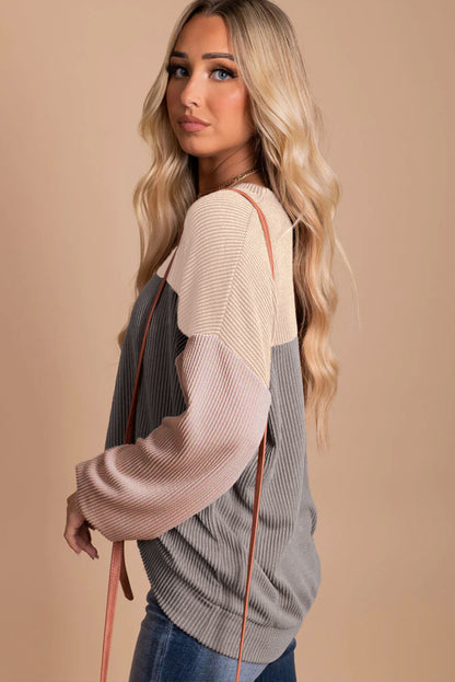 Khaki Color Block Long Sleeve Ribbed Loose Top