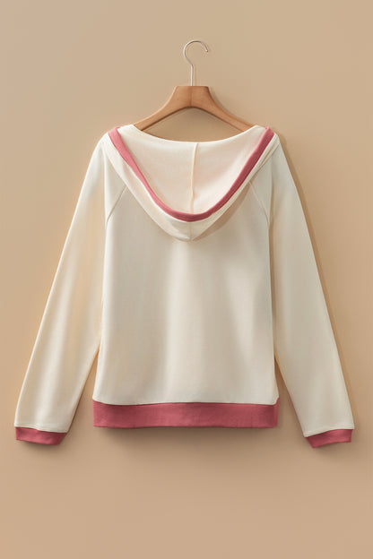 White Contrast Trim Crochet Knit Patchwork Exposed Seam Hoodie