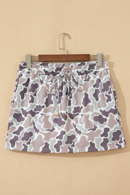 Sky Blue Abstract Camo Elastic Waist Drawstring Mini Skort