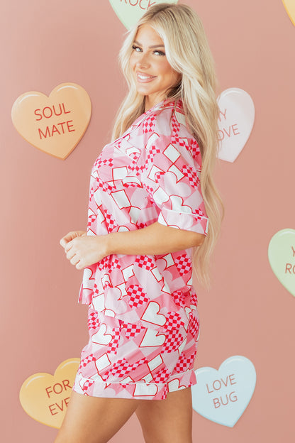 Pink Heart Print Shirt Style Silky Short Pajama Set
