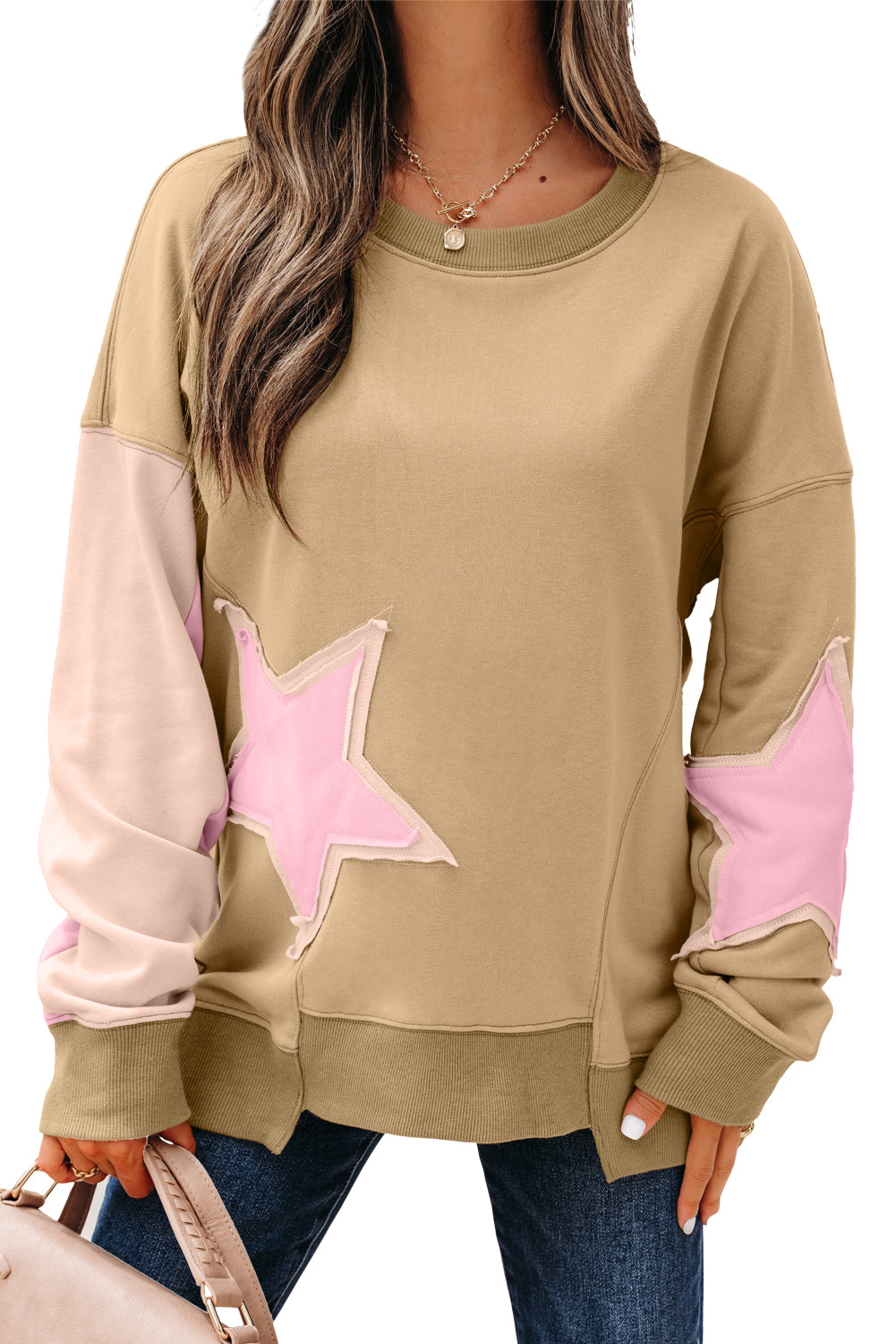 Sage Green Contrast Star Patchwork Exposed Seam Uneven Hem Drop Shoulder Sweatshirt