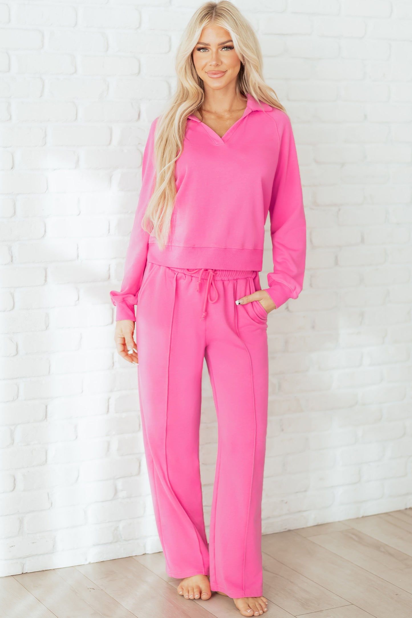 Wisteria Solid Color Collared Pullover and Central Seam Pants Set