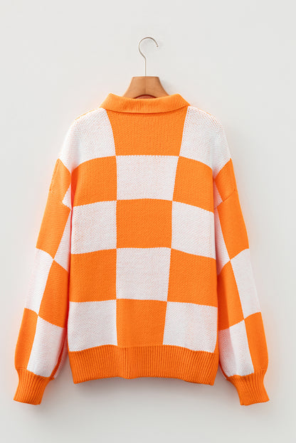 Grapefruit Orange Checkered Pattern Polo Collar Loose Sweater