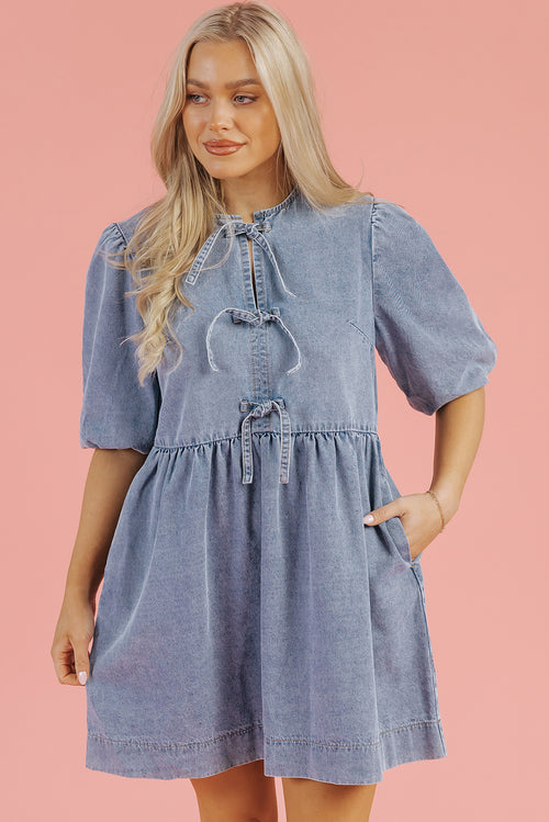 Dusk Blue Bowknot Bubble Sleeve Short Denim Dress